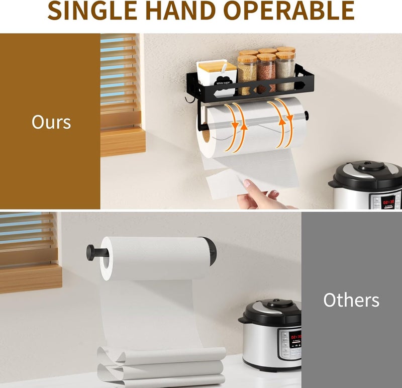 GAGUIUP Paper Towel Holder Wall Mount for Kitchen, Easy One-handed Operation Design, Self Adhesive Paper Towel Holder with Shelf for Bathroom, RV Paper Towel Rack Paper Roll Holder with 2 Hooks, Black - Image 4